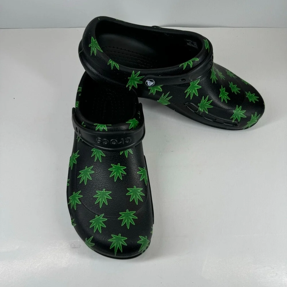 Crocs Bistro 420 Hemp Leaf Men's US 13 Black/Green Slip-Resistant Work Clogs